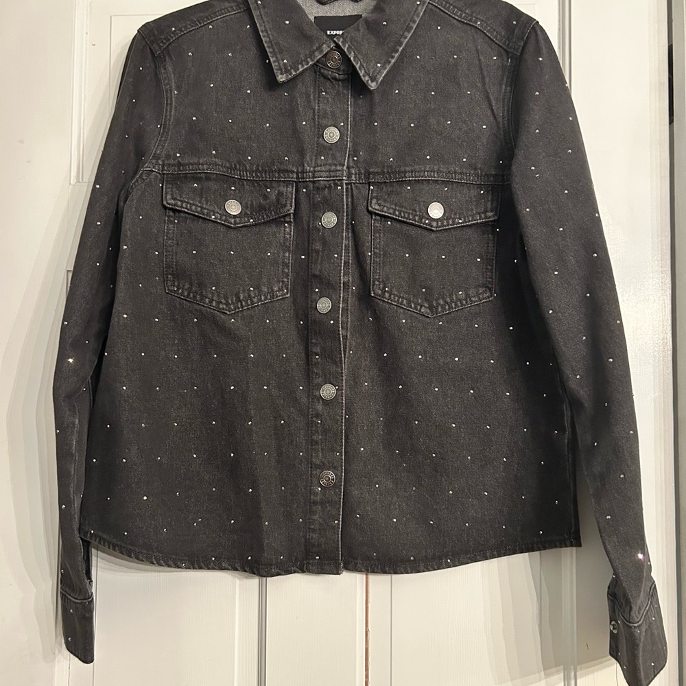 Express Black Denim Jacket with rhinestones